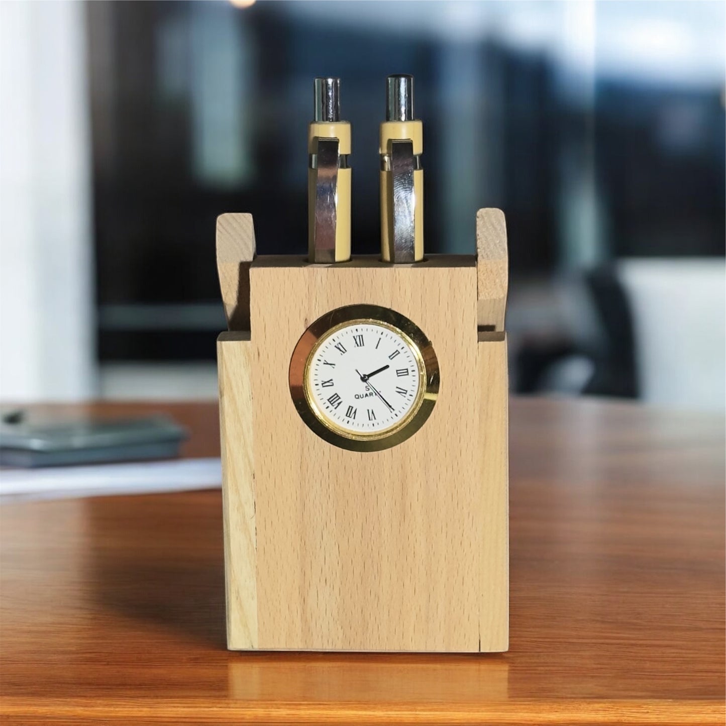 Premium WOODDY HUB Wooden Pen Stand with 2 pens & Clock for Office Table Decoration Item, pen Stand for School Use,