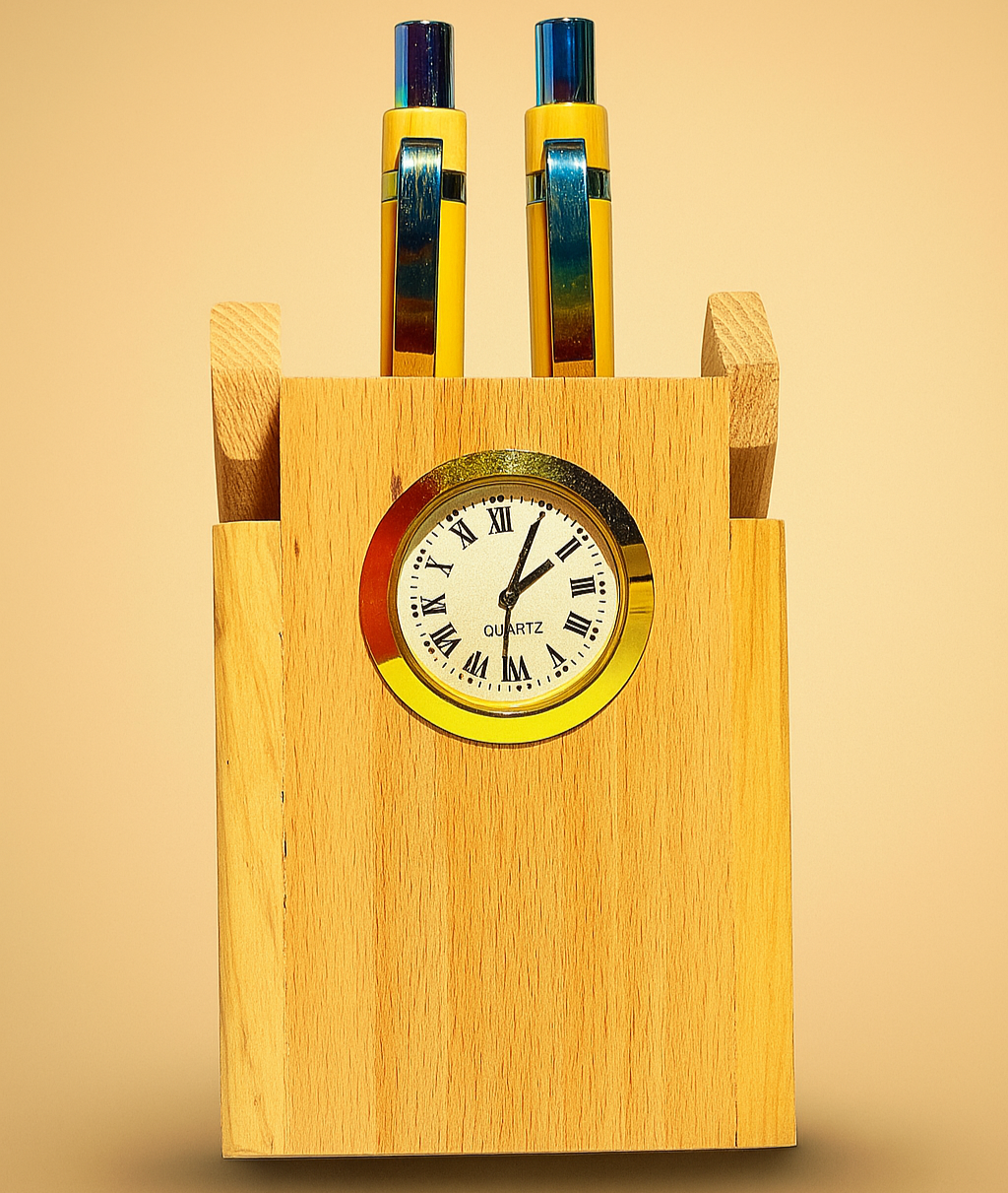 Premium WOODDY HUB Wooden Pen Stand with 2 pens & Clock for Office Table Decoration Item, pen Stand for School Use,