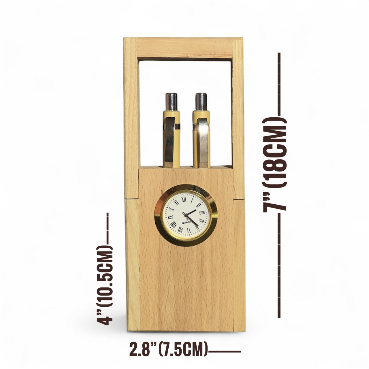 Premium WOODDY HUB Wooden Pen Stand with 2 pens & Clock for Office Table Decoration Item, pen Stand for School Use,